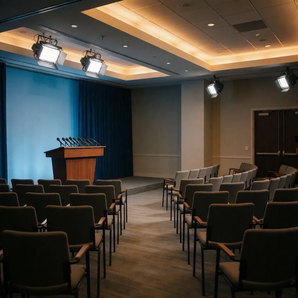 Sala de prensa internacional con podio y micrófonos