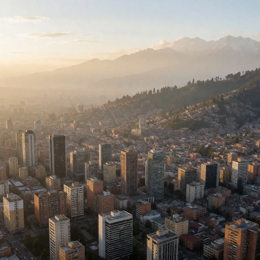 Vista panorámica de Bogotá al atardecer con cerros orientales al fondo